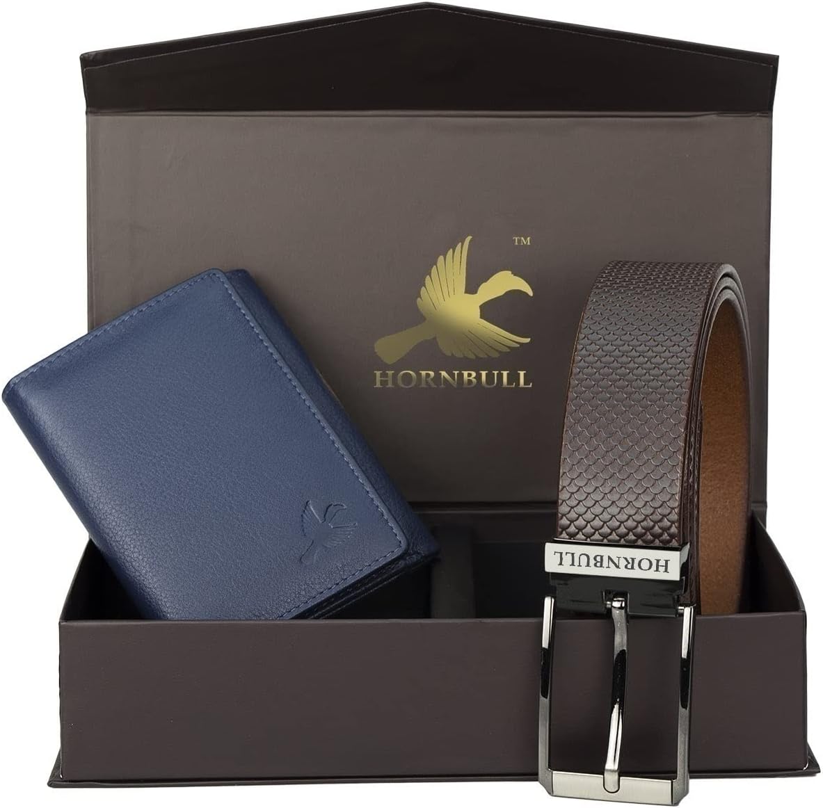 HORNBULL Trifold Genuine Leather Wallet, BW6997(Navy Wallet+Brown Belt), 35 month, Casual image 2
