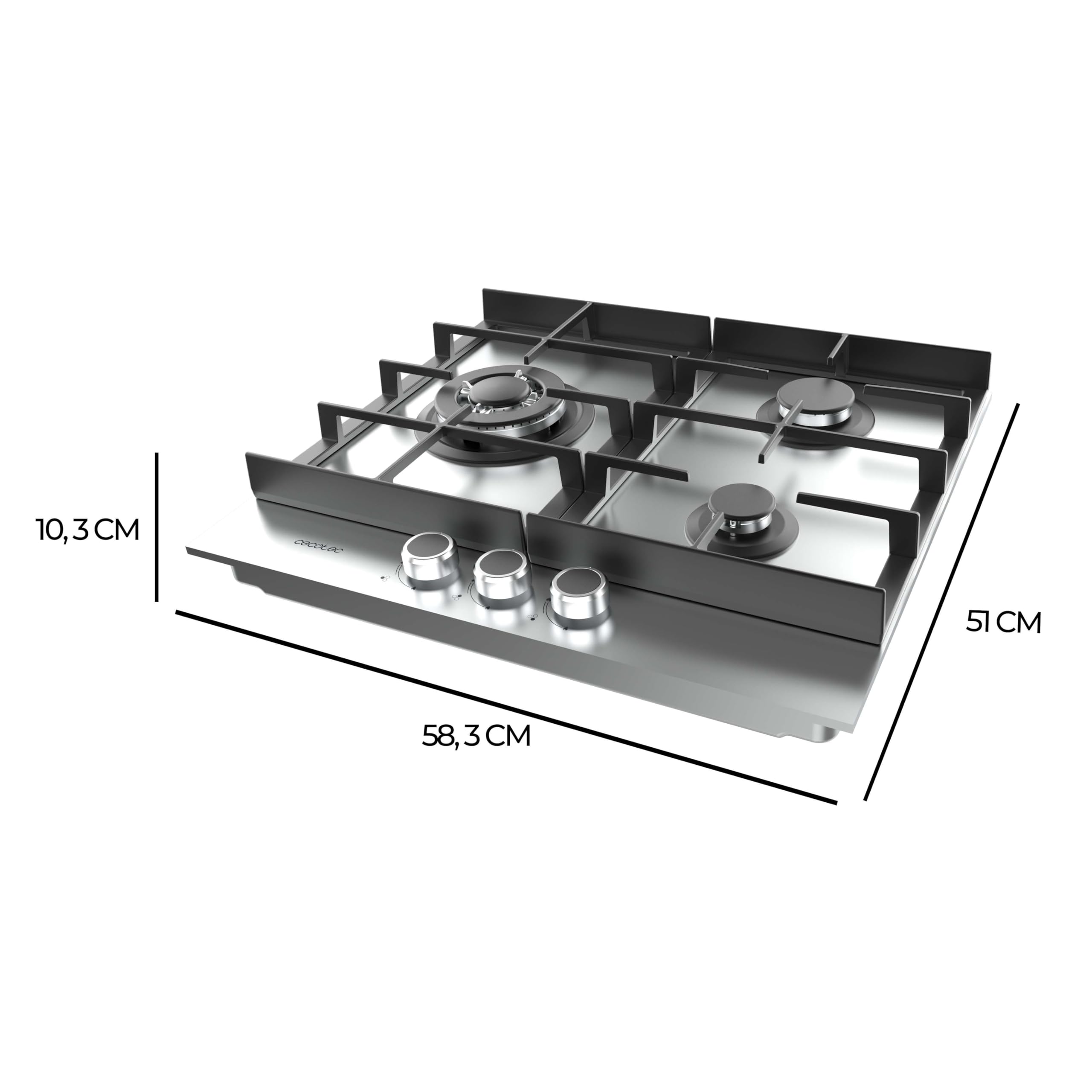 Cecotec Placa de Gas de 3 Fuegos Bolero Squad G 3400F Inox, 6,2kW, Acero Inoxidable, Parrillas Hierro Fundido, Quemador WOK Triple, Encendido Electrónico, Seguridad Válvulas, accesorio conversión