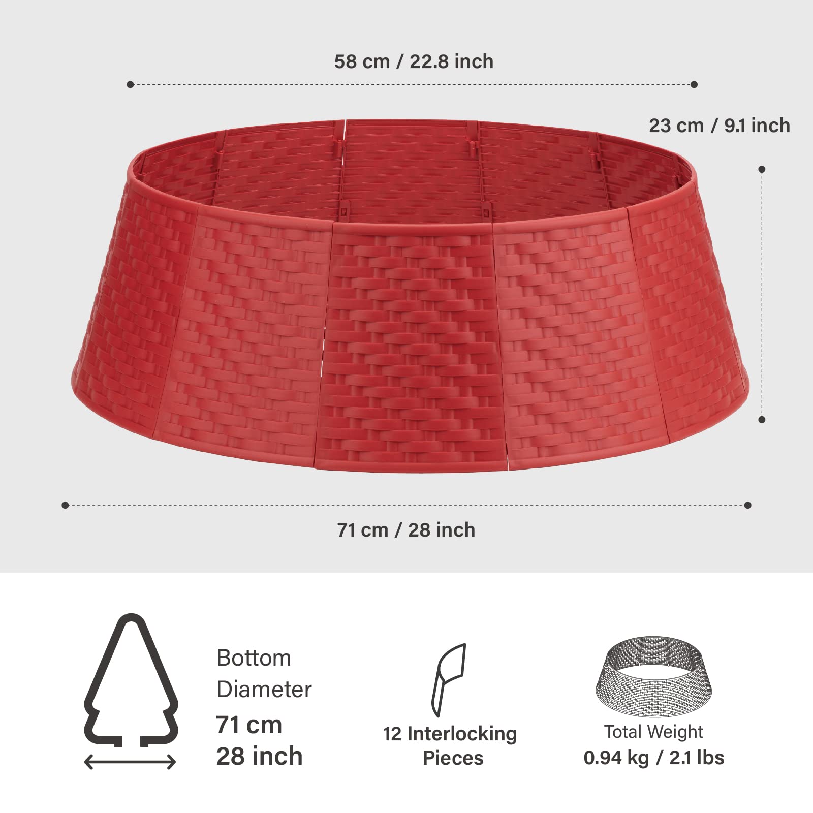 Gonna rotonda per albero di Natale – Collare per albero di Natale robusto e durevole – 23,1 cm H 57,9 cm sopra e diametro inferiore 71,1 cm, design intrecciato, gonna per albero di Natale – 12 anelli