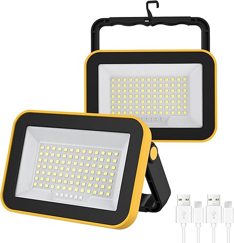 T-SUN Luz de trabajo LED recargable, luces de inundación LED portátiles, impermeable, funciona con pilas, 5 modos, paquete de 2