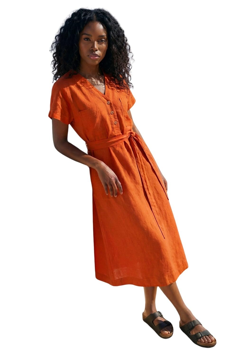 Roman Originals Swing Tea Dress Women UK Ladies Skater Midi A Line Fit & Flare Summer Casual Smart Cocktail Party Going Out Work Cruise Button Through Long Pocket - Orange Linen - Size 20
