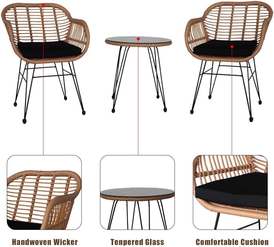 Rattan Outdoor 3 Pcs Bistro Set, Hand-Woven Armrest Wicker Furniture Two Chairs with Tempered Glass Table Set, Modern Garden Conversation Sofa Set for Home Patio Lawn and Balcony