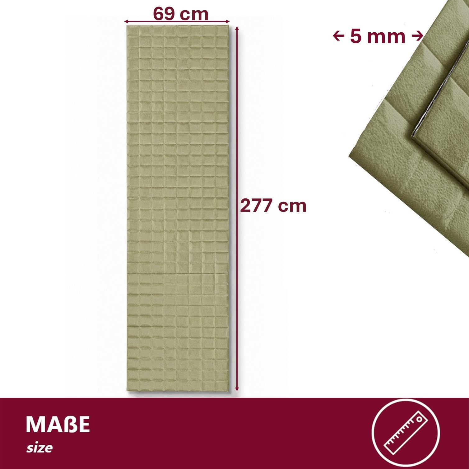 3D Wandpaneele Selbstklebend [SAMTOPTIK] – Gepolsterte Wandverkleidung zum Kleben – Moderne Wandgestaltung für Wohnzimmer, Schlafzimmer, Büro & Gastronomie – 69 x 277 cm Quadrat-Steppung, Grün