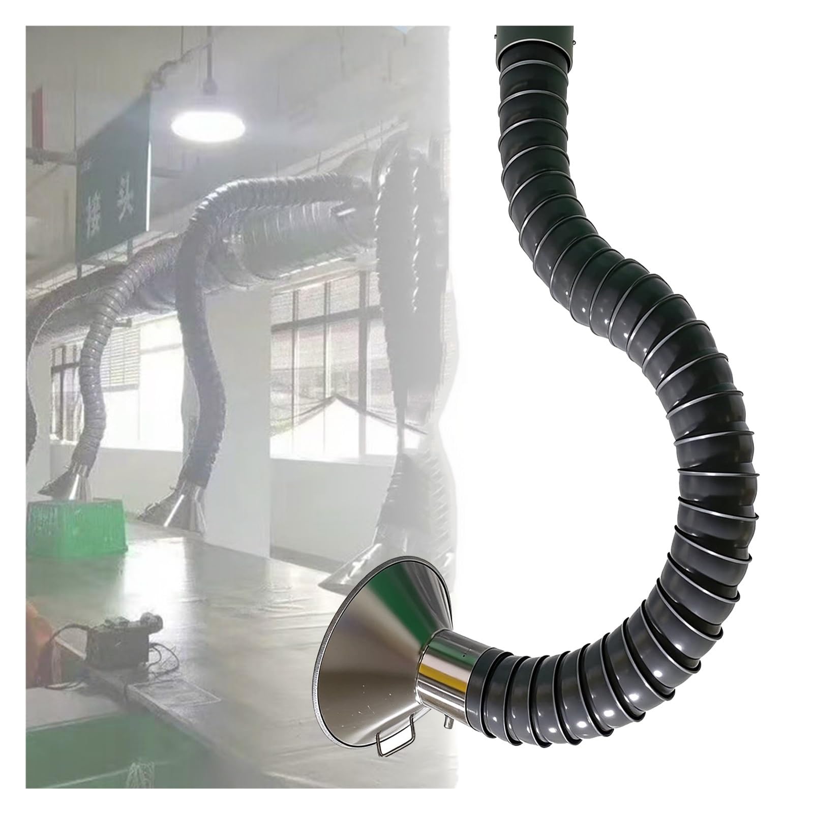 Brazo Extractor Humos De Soldadura POM, Tubo Escape Flexible Ignífugo | Soporte Autónomo 360°, Válvula Integrada Para Flujo Aire, Soporta Calor -20°C A 120°C, Tubo Con Juntas(L/1m,Id(A)/110mm)