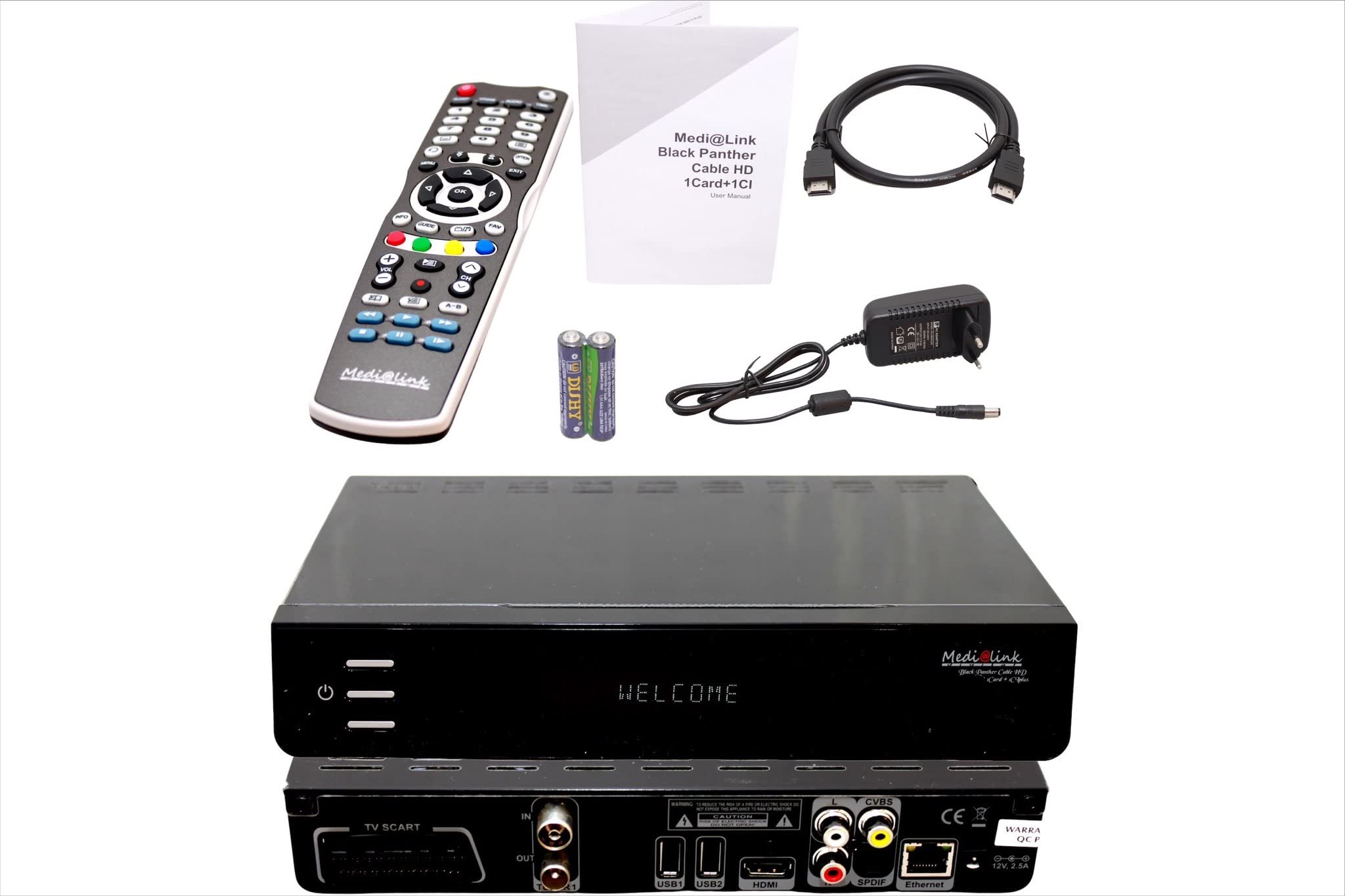 Medialink odbiornik kablowy z funkcją nagrywania, CI, CX, VFD do telewizji kablowej - Black Panther kabel z wyświetlaczem alfanumerycznym, HDMI, czytnikiem kart, PVR, USB, SCART, LAN + kabel M@TEC
