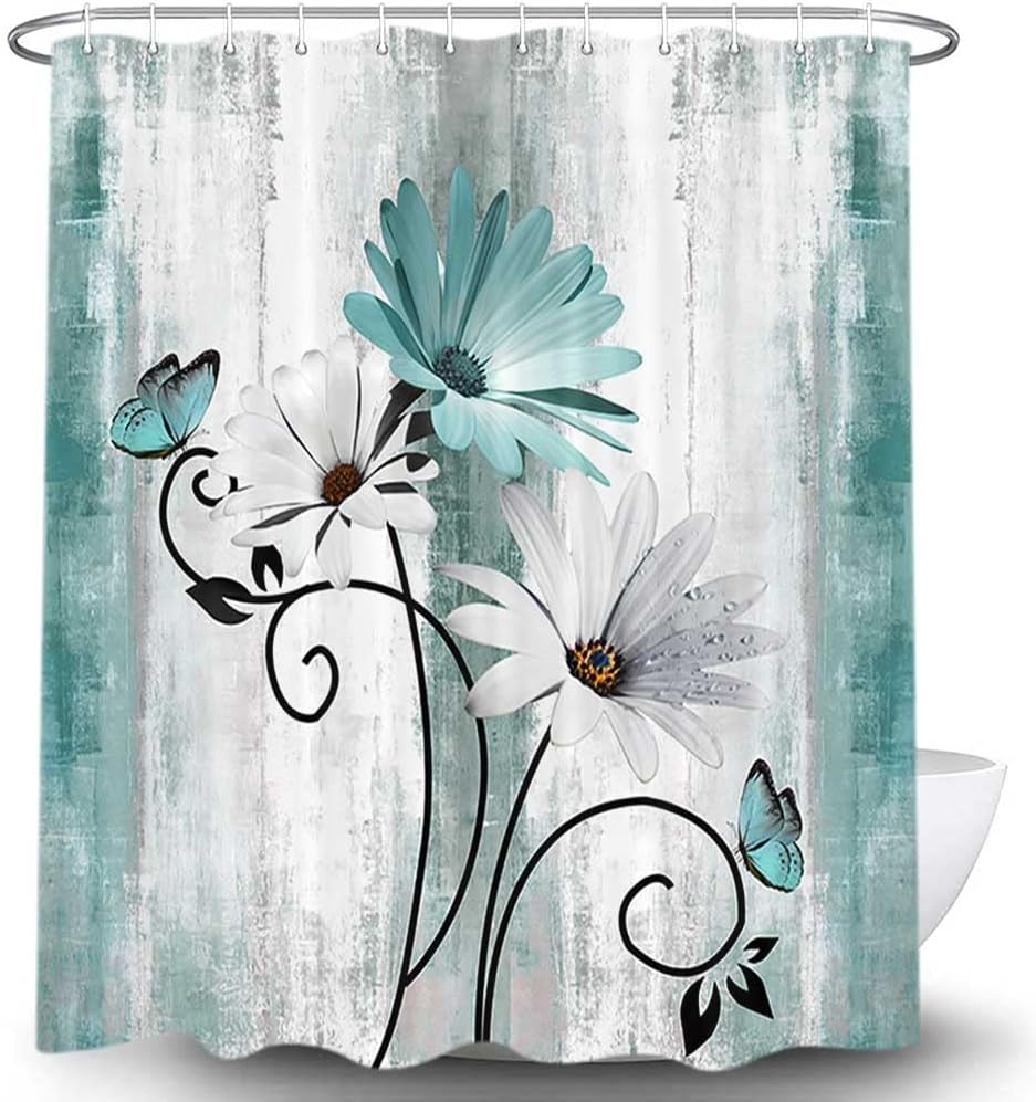 Rustic Farmhouse Shower Curtain, Farm Teal Daisy Floral Flowers and Butterfly on Country Wooden Shower Curtain for Bathroom, Turquoise Blue Bathroom Shower Curtains with 12PCS Hooks, 70X84IN