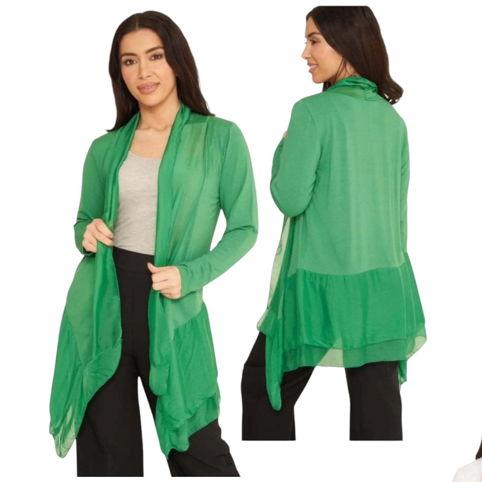 Alam Exclusive Women's Green Silk Top Cardigan Soft Open Tunic Vest Casual Loose Long Sleeve (One Size (10-16) Uk, )