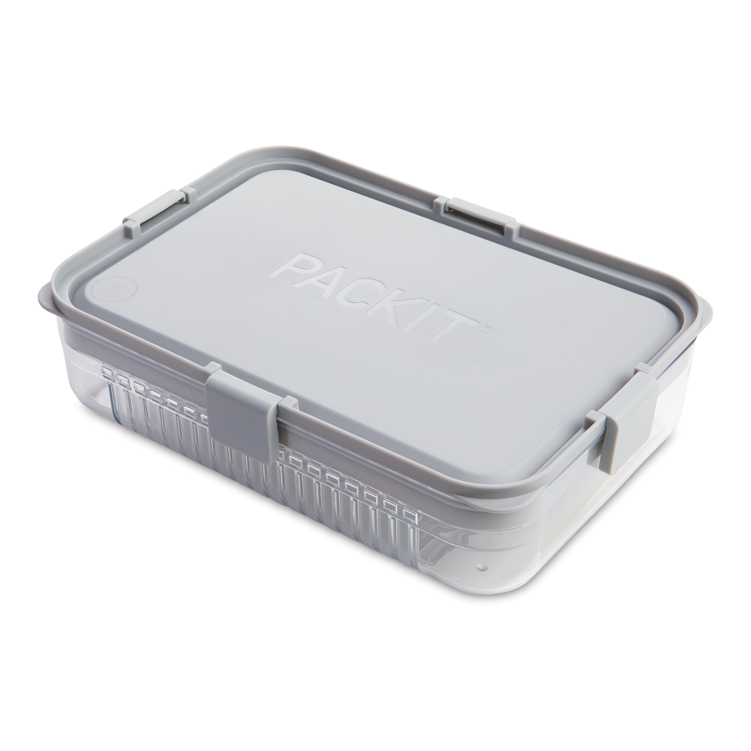 PackItMod Large Bento Food Storage Container, Steel Gray, Shatterproof Crystal Clear Base, with Leak-resistant Dividers, Lid, Microwavable, Dishwasher Safe, Designed for Storing Large Meal, Leftovers