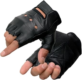 Milwaukee Leather SH216 Mens Black Leather Gel Padded Palm Fingerless Motorcycle Hand Gloves W/Breathable Open Knuckle