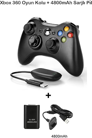 WOTOBE Xbox 360 ve PC Uyumlu Kablosuz Oyun Kolu, 4800mAh  arjl  Pil Seti, Siyah