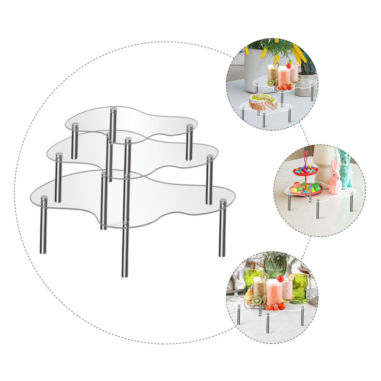 Veemoon Présentoir à Gâteaux en Acrylique Transparent 3 Pièces Multi-Niveaux Support Cupcakes et Desserts Taille Moyenne à Extra-Large pour Anniversaires Mariages et Événements