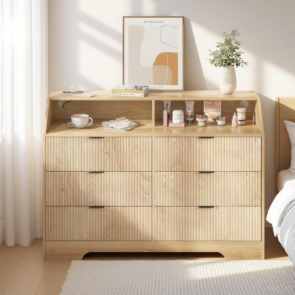 Fluted Dresser for Closet, Boho Bedroom 6 Drawer Dresser TV Stand with Charging Station, Oak Wide Chest of Drawers, Farmhouse Wood Closet Clothes Storage for Living Room, Metal Handle, 47"