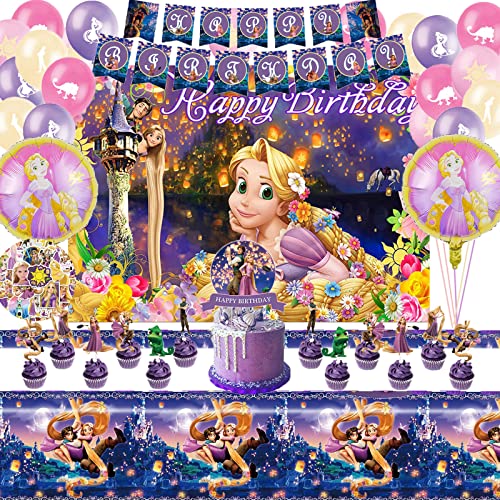 Image of Princess Theme Birthday Party Supplies,88PCS Includes Banners, Latex Balloons, Foil balloon, Backdrop,Tablecloth,Cake Topper, Cupcake Toppers And Stickers Party Decorations For Girl