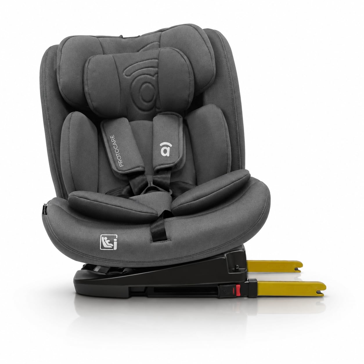 Silla de coche i-Size giratoria 360° con Isofix desde recién nacido hasta 150 cm – Contramarcha hasta 105 cm – Arnés 5 puntos, cojín reductor y funda lavable – Asalvo Protocare Gris