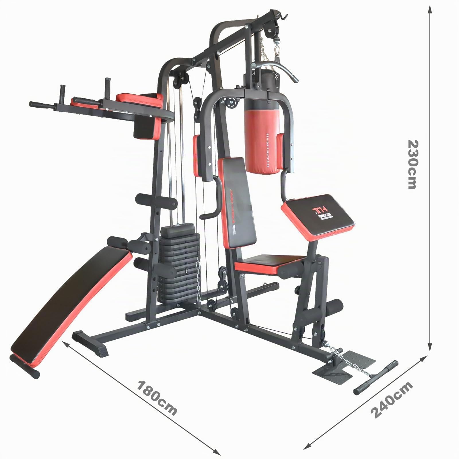 TrainHard® Kraftstation Multistation Fitnessstation Home Gym 65 kg Gewichten inkl. Dipstation Beinhebe, erweiterbar mit Sit Up Bank, Stepper, Push Up Bar, Boxsack mit Halterung, Speedball Plattform.