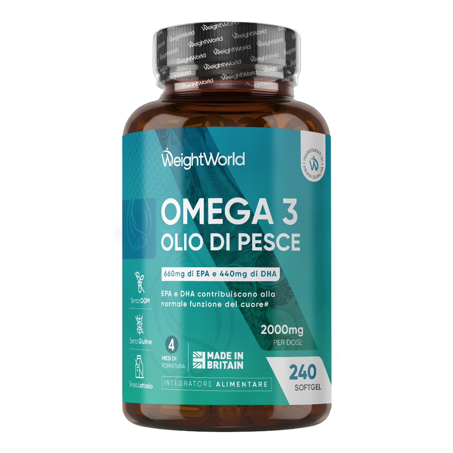 Omega 3 Olio di Pesce da 2000mg, 660mg EPA e 440mg DHA, Integratore Omega3 Fish Oil e Acidi Grassi Essenziali in 240 Softgel (4 Mesi), EPA e DHA Contribuiscono alla Normale Funzione del Cuore (EFSA)