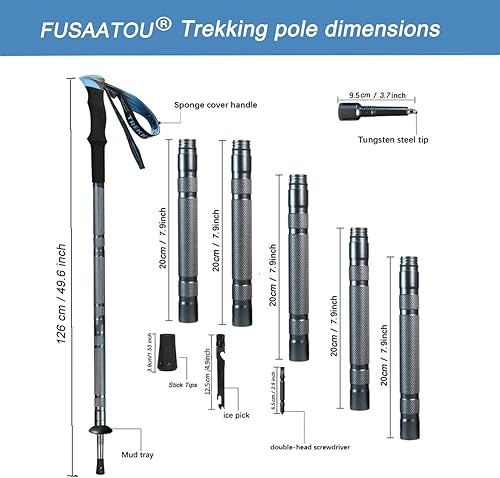 Miniatura 3 de Bastón de senderismo de montaña, palo de senderismo de aleación de aluminio de 49.6 pulgadas, mango de espuma EVA, plegable con punta de acero de