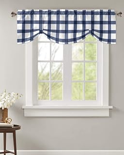 Vintage Farmhouse Buffalo Gingham Geometric Checker Blue White Tie Up Valance for Kitchen Windows, Tie-up Curtain Shade Valances 42"x18" Rod Pocket Short Curtains Window Treatment for Living Room