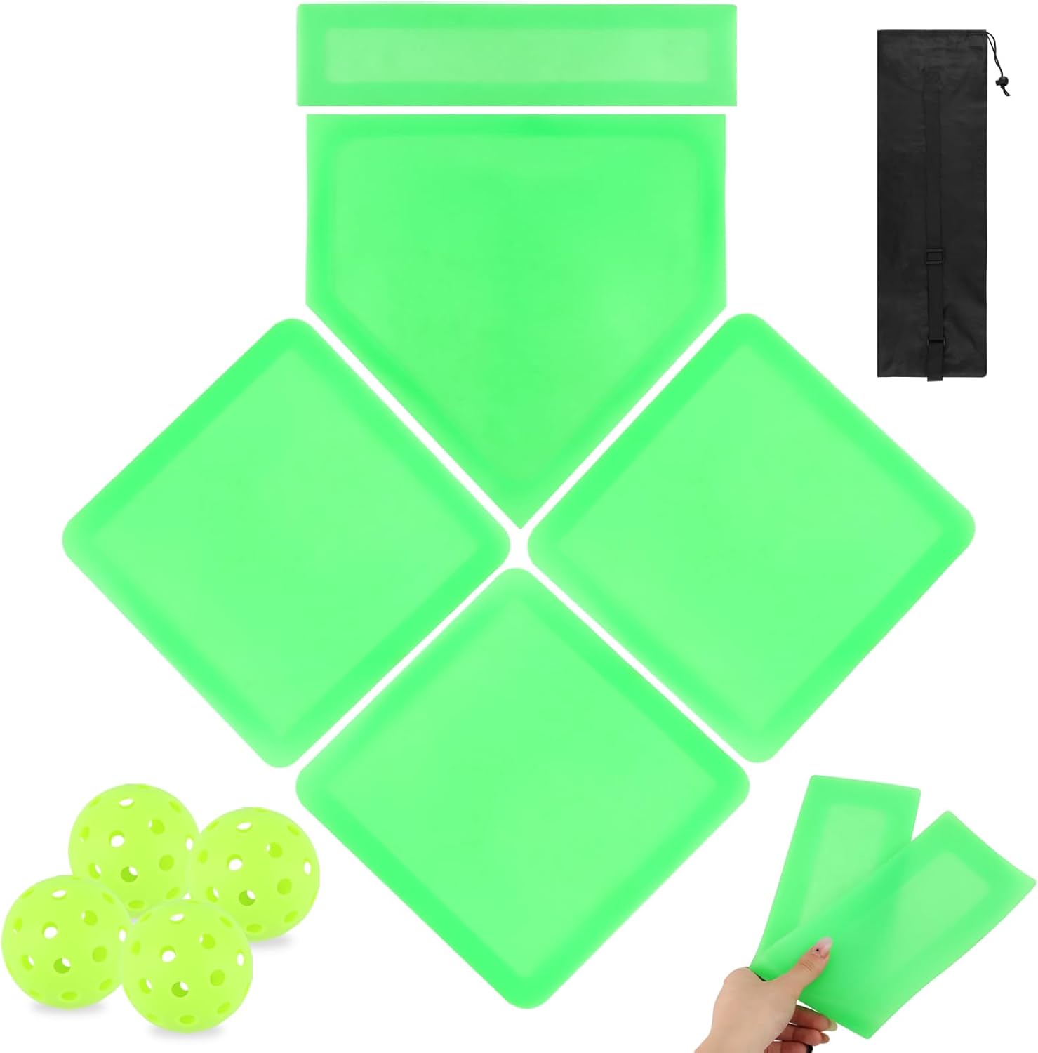 5Pcs Glow-in-The-Dark Baseball Home Plate with Carrying Bag and 4pcs Pickleball, 3 Throw Down Bases 1 Homeplate 1 Pitching Rubber for Kickball Softball Backyard Playground