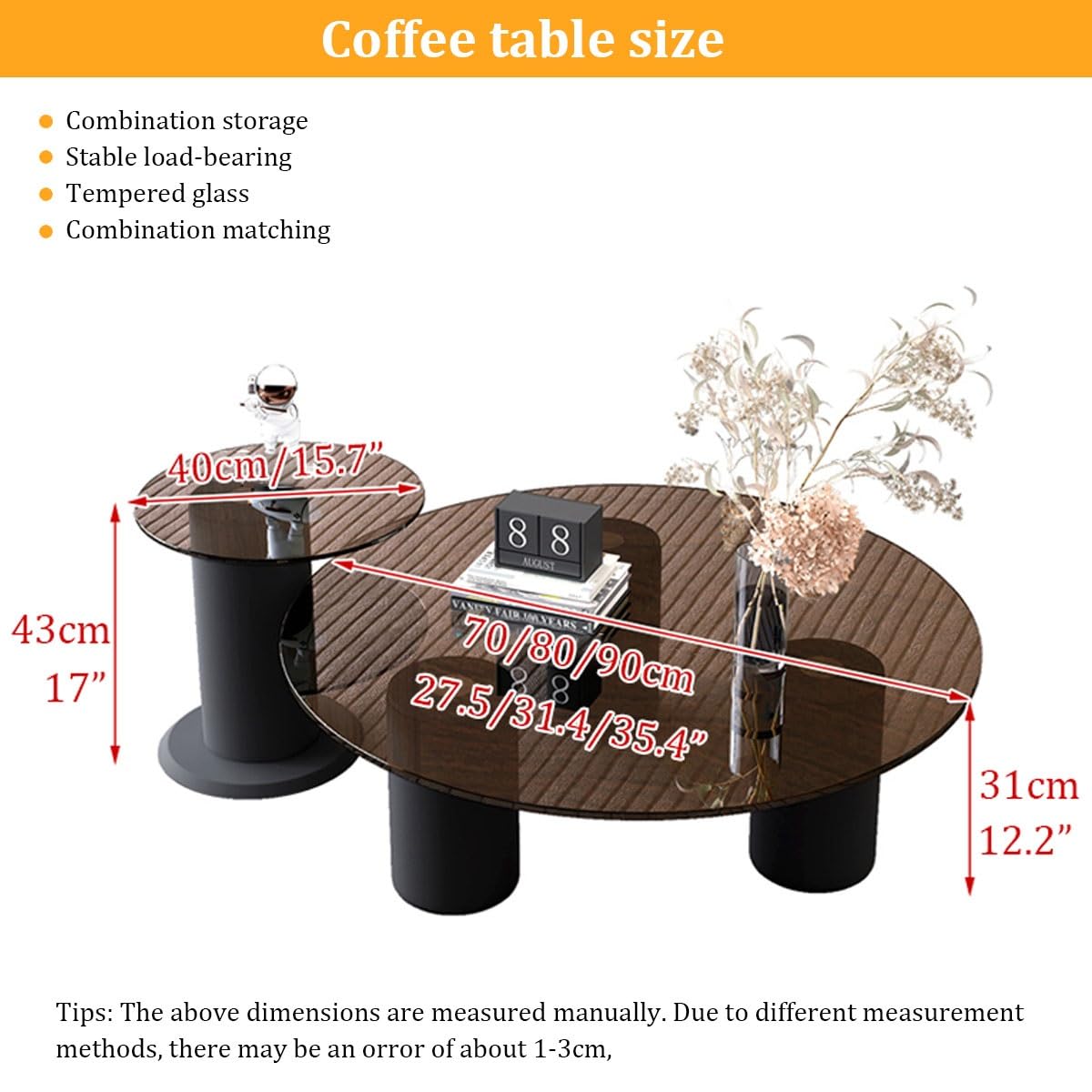 Table Basse Moderne, Table Basse Ronde en Verre, Plateau en Verre Trempé, Pieds Épais pour Salon, Bureau À Domicile – Facile À Assembler(1*Table-A,70x31cm/28x12in)
