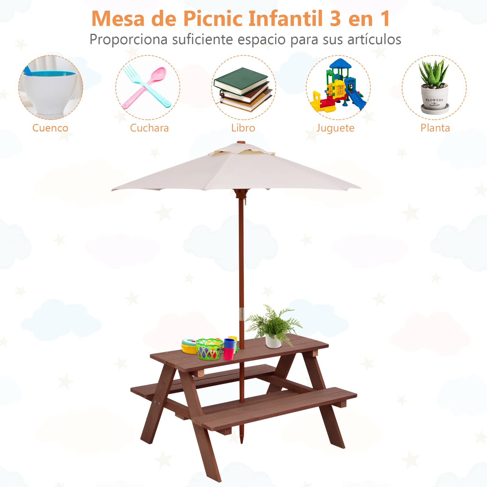 COSTWAY Mesa de Picnic para Niños 3 en 1, Mesa de Actividades al Aire Libre para Niños con Paraguas Extraíble, Bancos de Madera, Mesa de Picnic Exterior para Jardín, Patio, Casa, Césped