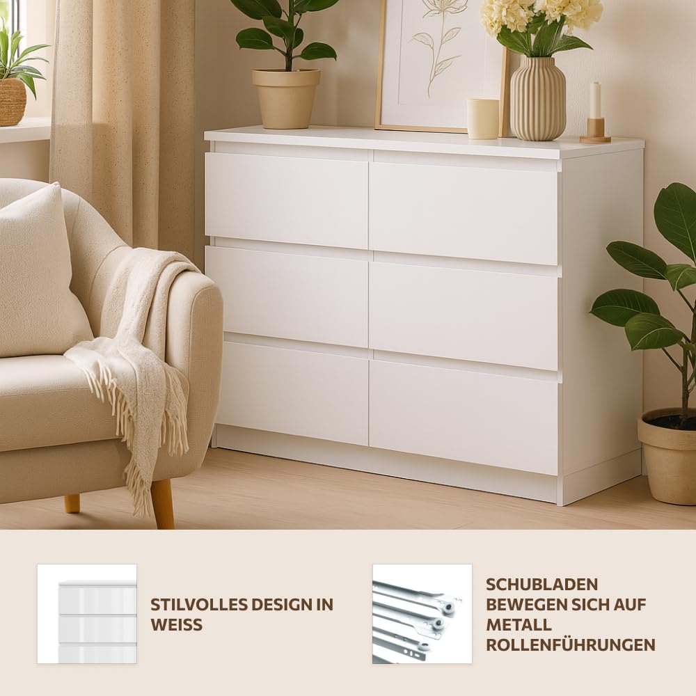 Kommode Basic Weiß mit 6 Schubladen | Viel Stauraum, 100x75x40 cm | Schubladenschrank für Schlafzimmer, Wohnzimmer, Büro oder Kinderzimmer