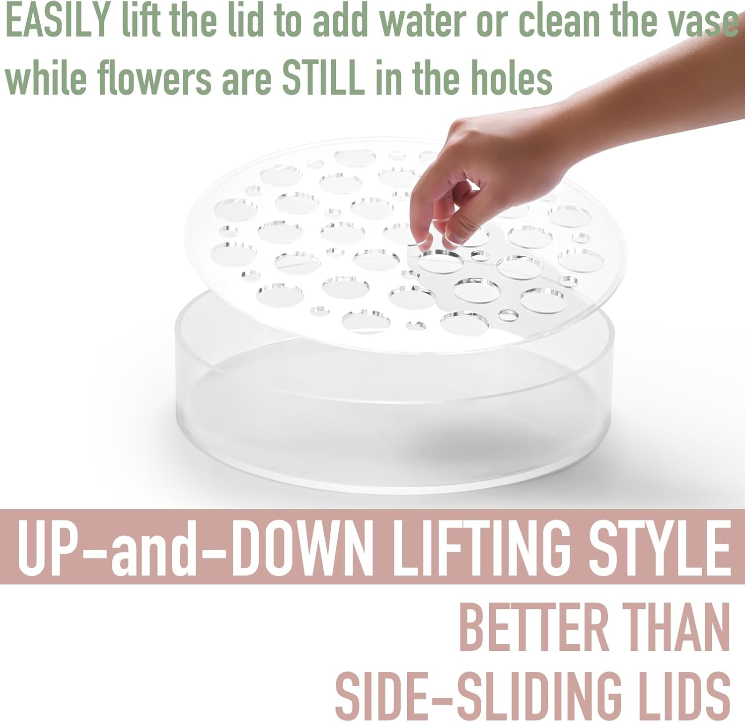Acrylic Flower Vase 8 in Dia. Circular Leak-Proof Clear Acrylic Low Vase with 16+5 Holes - Low-Profile Cylinder Floral Centerpiece for Table - Clear