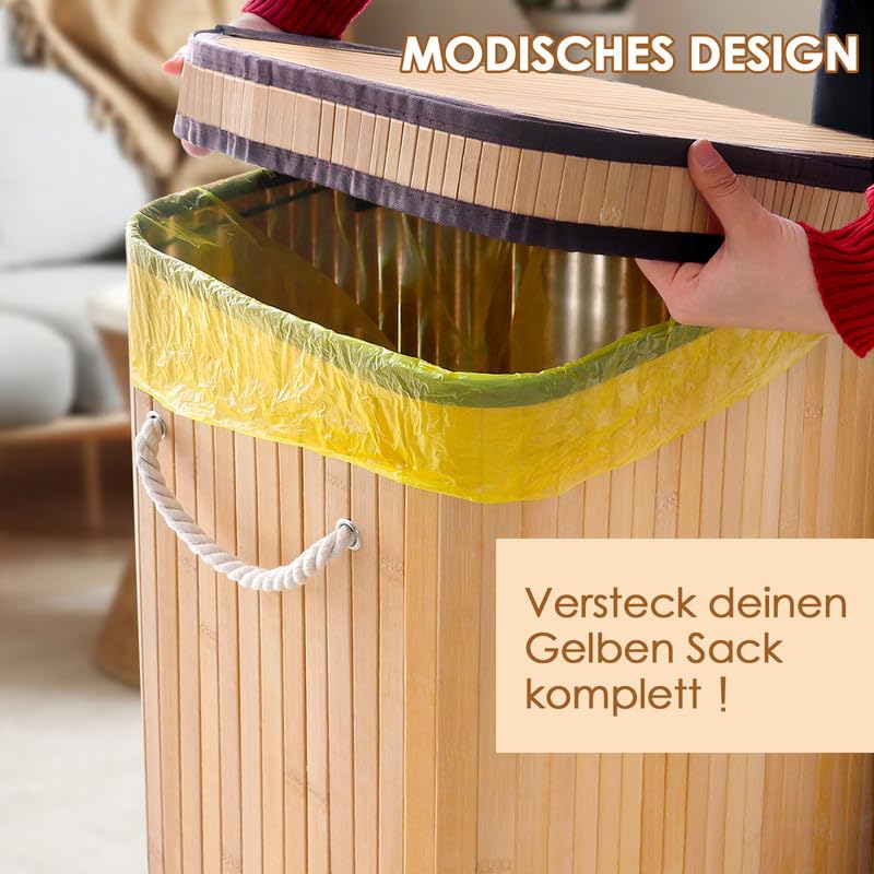 LZRBUBO 80L Gelber Sack Ständer aus Bambus-Stabiler Müllsackständer mit Deckel- Gelber Sack Mülleimer,Groß geruchsdicht müllsackhalter gelber Sack, Gelber Sack Behälter