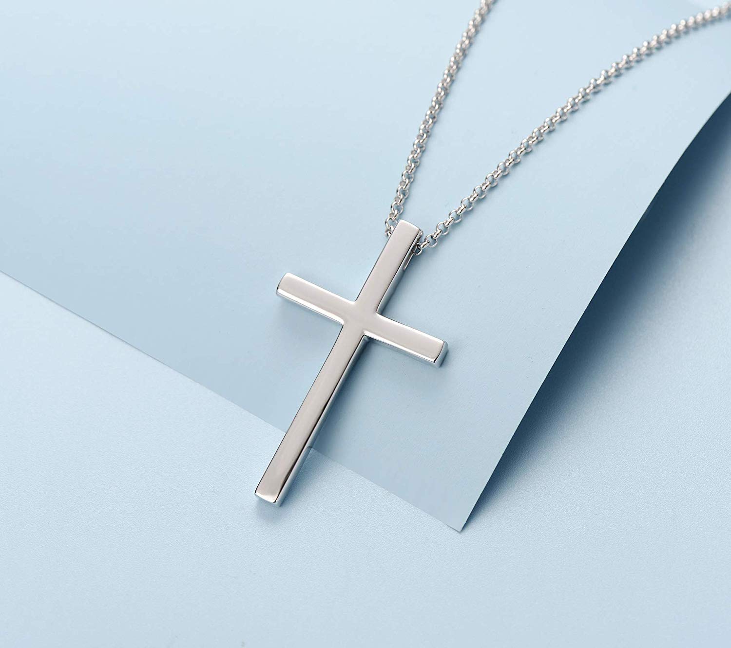 FANCIME Solide 925 Sterling Silber mit Weiß Vergoldet Kreuz Anhänger mit Silber Kette für Herren Jungs Kinder - Kettenlänge: 60 cm