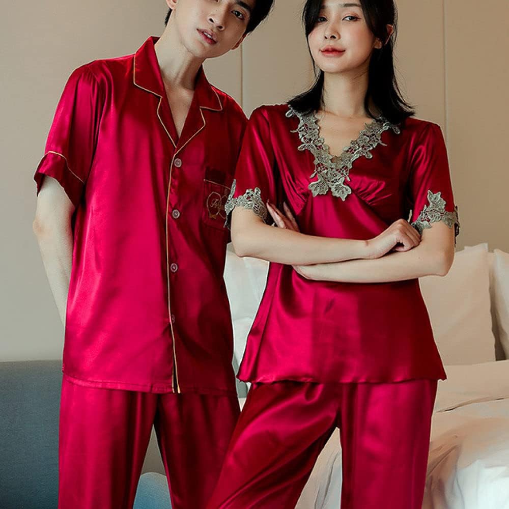Couple Satin Pajamas Suit Sexy V-Neck lace Sleep Suit Black Men 3XL (Burgundy Men 3XL)