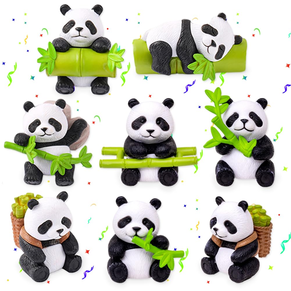 PLNVNVP 8pcs Panda Figurines, Panda Mini Figures, Cake Toppers With Panda Animals For Children'S Birthday Parties