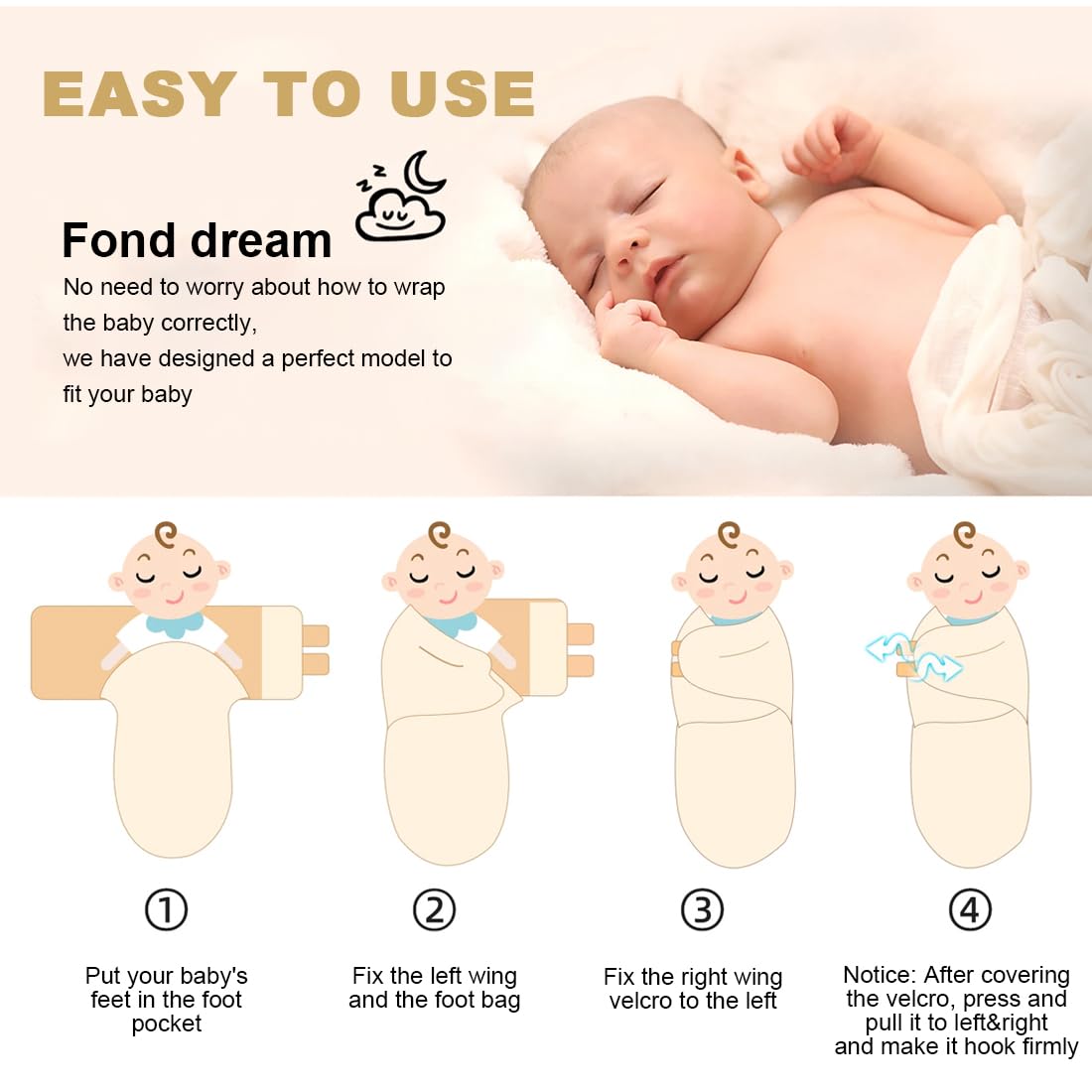 Kit Emmaillotage Bébé : 1 Couverture Réglable + 1 Bonnet - Coton Doux Pour Nouveau-nés 1-12 Mois - Pour Un Sommeil Apaisé - 6