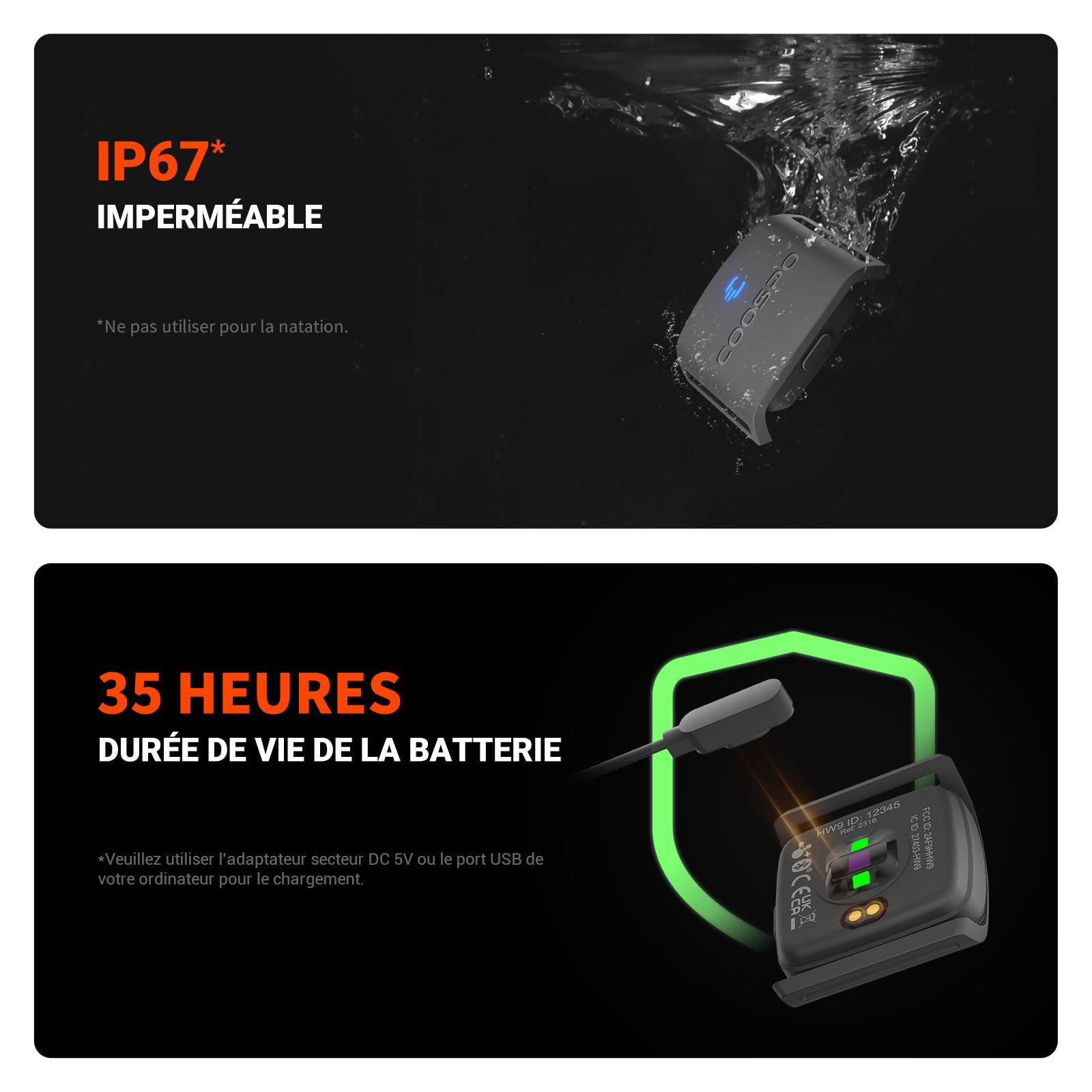 COOSPO HW9 Fréquence Cardiaque Brassard Bluetooth 5.0 Ant+ Capteur LED Smart HRM IP67 Étanche Compatible Wahoo Zwift Strava Elite HRV