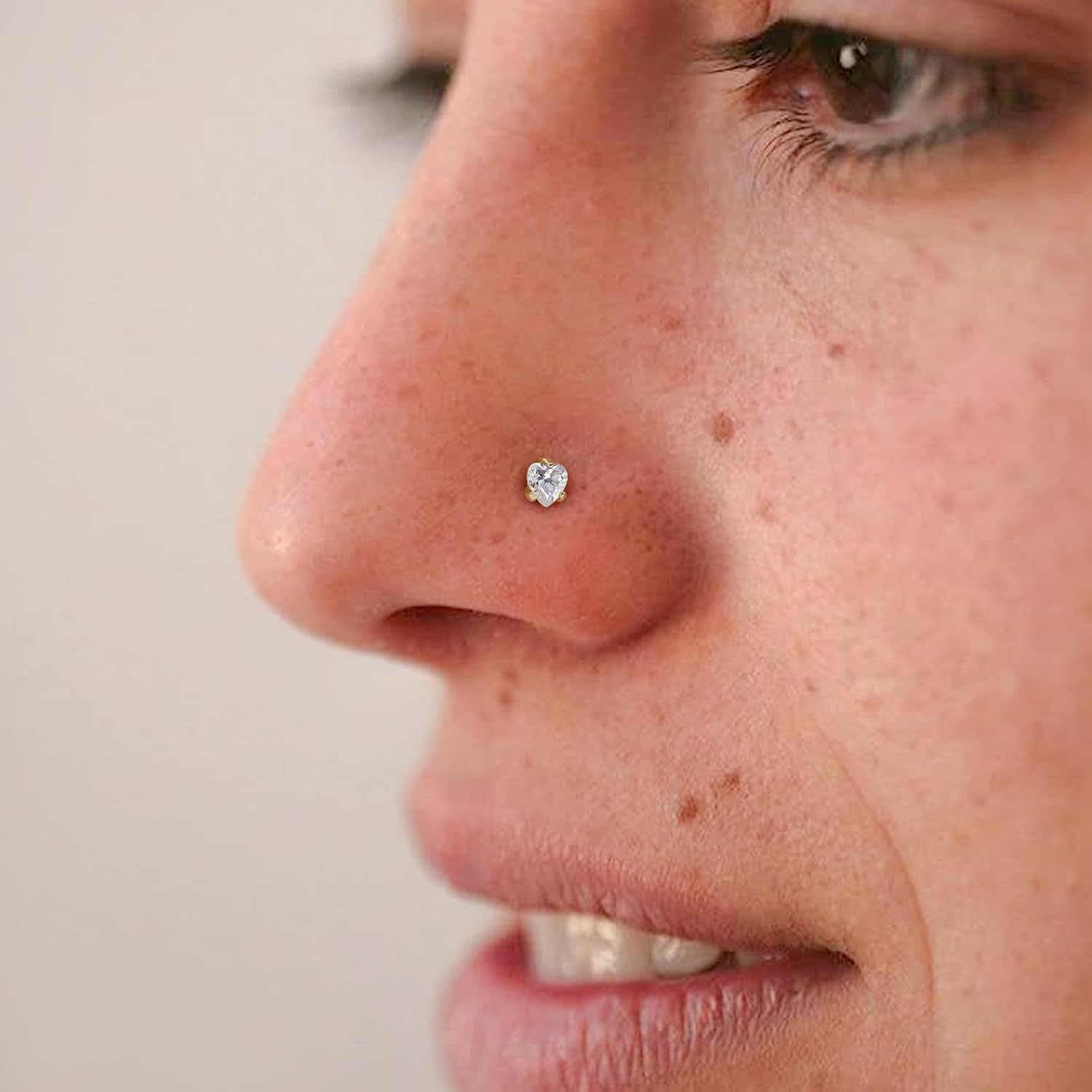 14k Yellow Gold Nose Ring Studs for Women Men, 20G Gold Nose Stud, 3mm Heart CZ Hypoallergenic Nose Piercing Jewelry