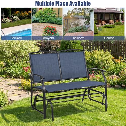 Image of Giantex Outdoor Glider Bench, Patio Glider Bench for Outside, Steel Frame, 400 Lbs Capacity, Ergonomic Swing Rocking Chair Loveseat, 2-Person Porch Swing Rocker for Backyard, Lawn, Balcony, Dark Blue