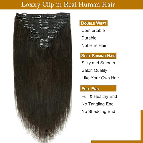 Miniatura 2 de Loxxy Extensiones de cabello humano con clip, color negro natural #1B, doble trama, brasileño, grueso, sedoso, lacio, 14 pulgadas, 4.23 onzas