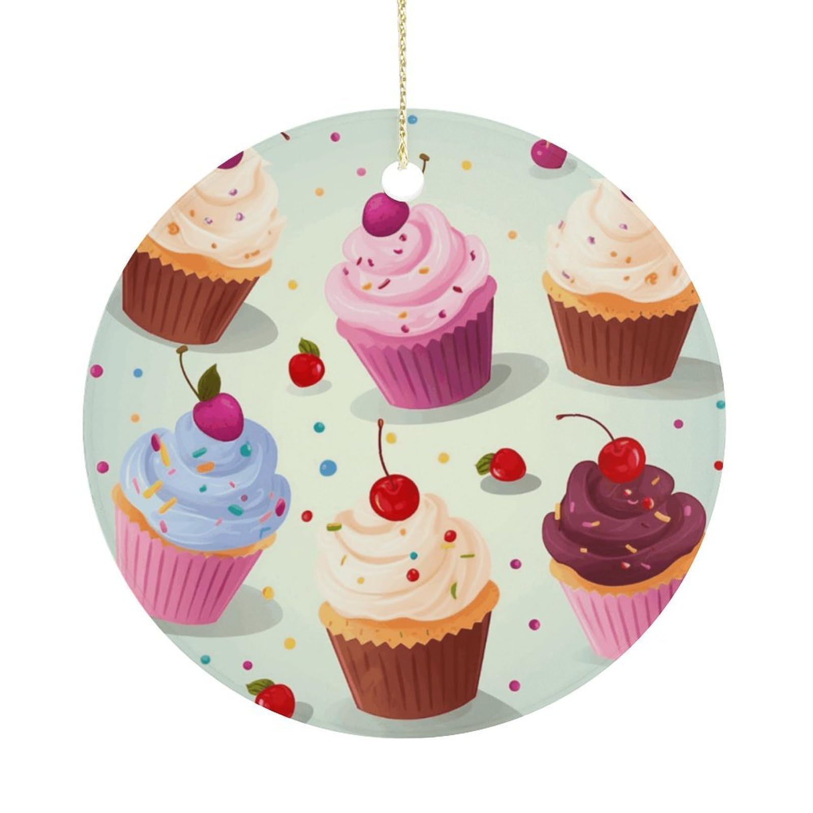 Delicious Cupcakes Christmas Ornaments Colorful Round Ceramic Ornament Christmas Hanging Decor Christmas Tree Decorations Xmas Keepsake for Women Men Xmas Holiday Party