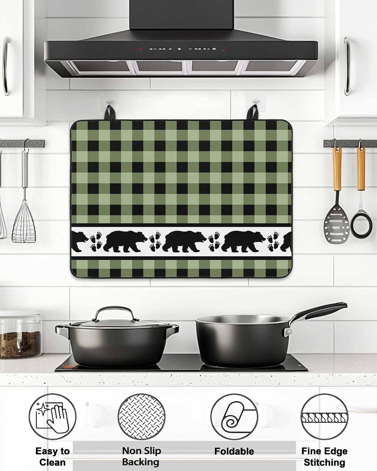 Stove Top Cover Bear Footprints Green Buffalo Plaid Stove Cover for Electric Stove Top Forest Animals Glass Cooktop Covers Anti-Slip Mat Heat Resistant Countertop Protector Home Kitchen Decor 36"x21"