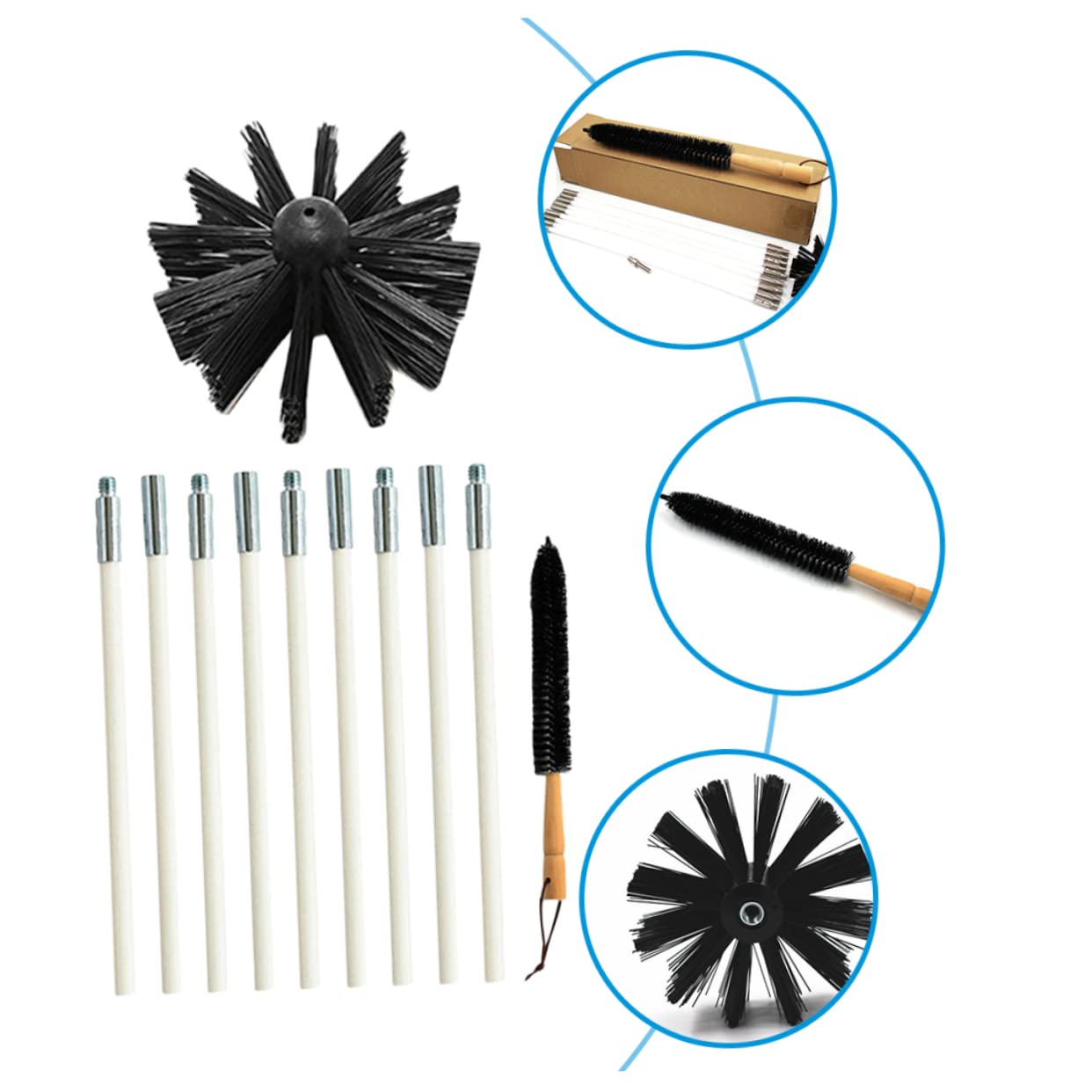Cabilock Scovolino per Rimuovere Fuliggine Canne Fumarie in Nylon Manico in Legno Set 9 Aste Flessibili in Ferro e Ottimizzare Funzionamento per Pulizia Asciugatrice e Condotti