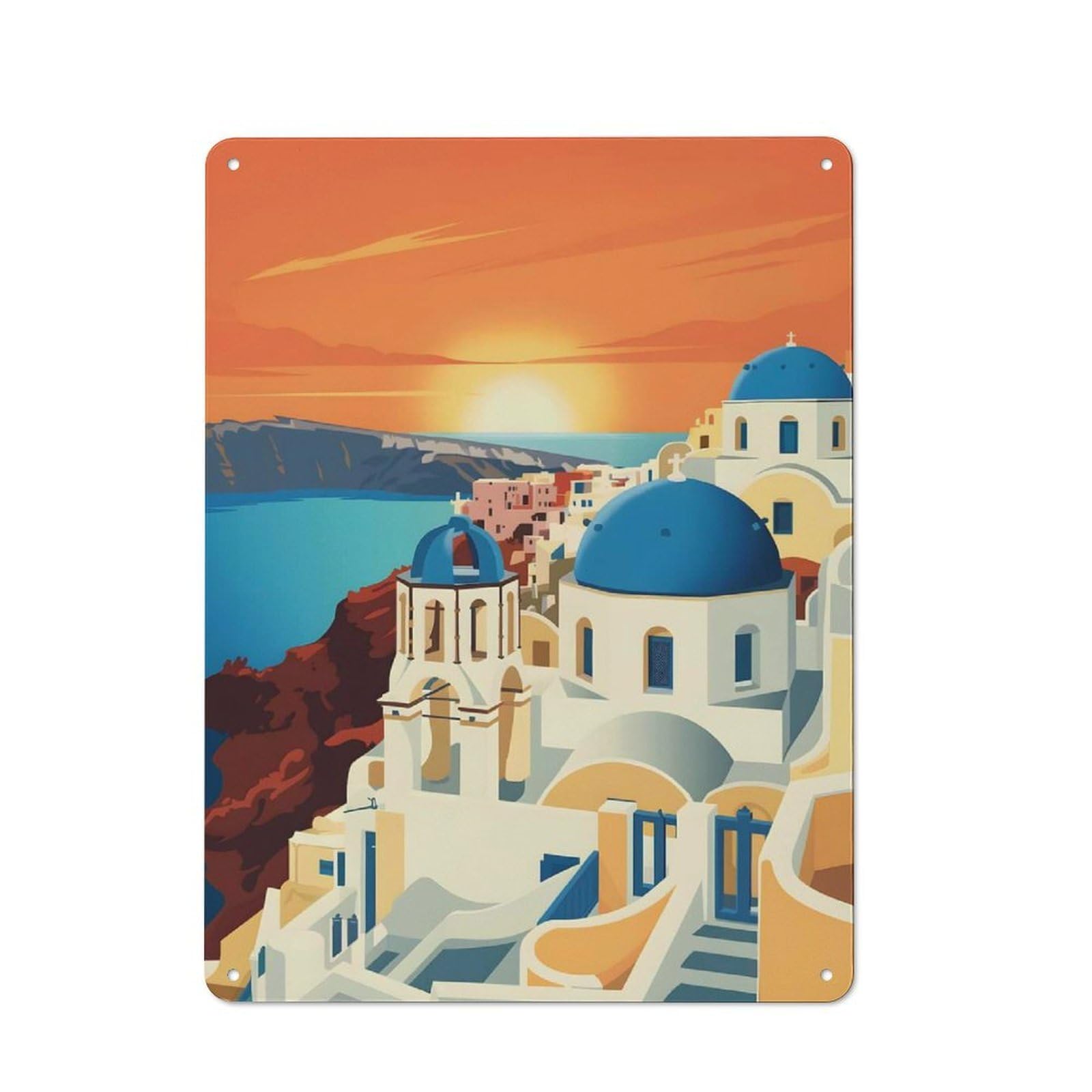 Junmoney Style-23 Metal Wall Sign 40X30cm Featuring Santorini Sunset Illustration For Café Or Restaurant, A New Home Present For Hospitality Interior Collectors