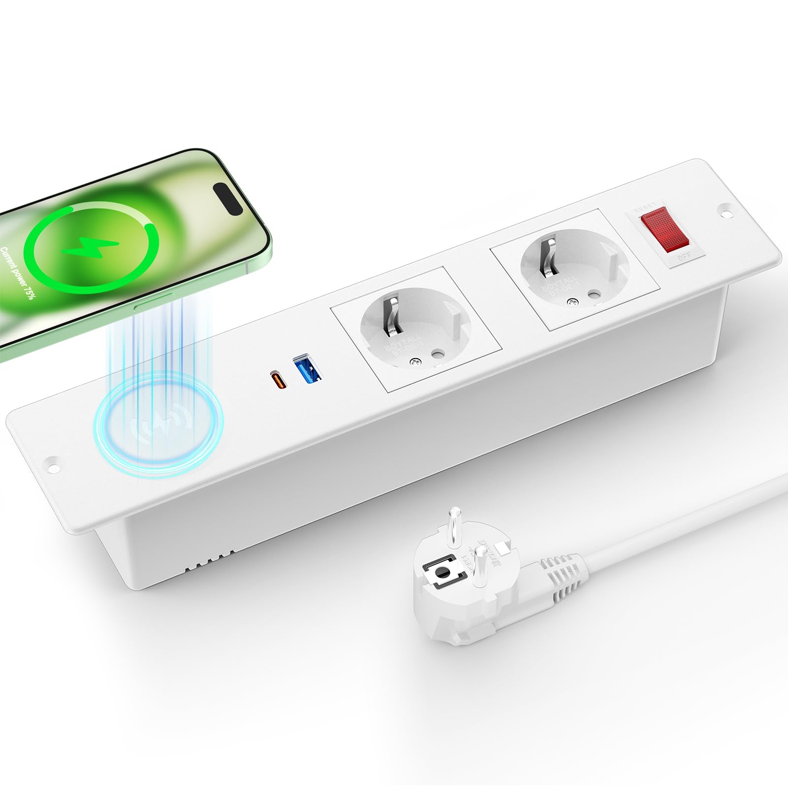 Airmom Ciabatta elettrica da incasso con caricatore wireless da 15 W e interruttore, presa da tavolo da incasso con USB C 20 W e porta USB, colore: bianco