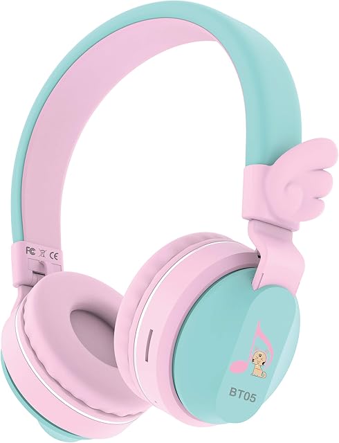 Riwbox Kids Bluetooth Headphones, BT05 Wings Kids Headphones Wireless Over Ear 85dB/103db Volume Control Children Foldable Headphones with Mic/TF Card for Tablet/phone/School (Pink&Green)