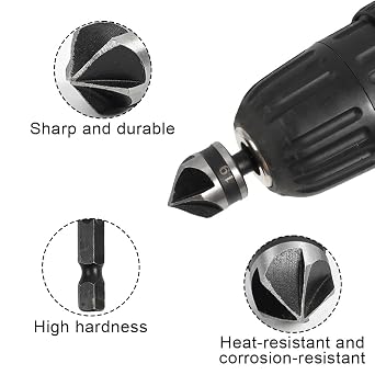 6 Pcs Countersink Drill Bits, 1/4 Inch Hex Shank 5-Flute 90 Degree, Drill Set (12mm/16mm/19mm) for Woodworking, Soft Metal & Plastic, Precision Drilling for Countersunk Screws