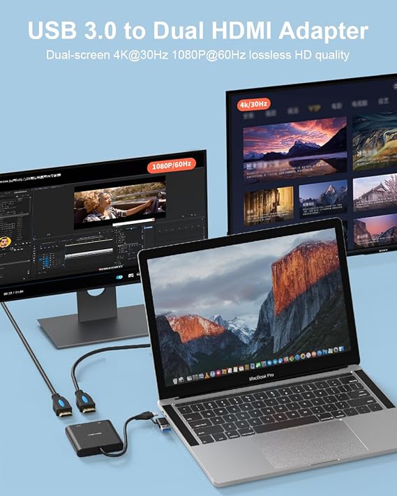 USB 3.0 to Dual HDMI Adapter, USB to 2 HDMI Multiple Monitor 4K 1080P 60HZ Full HD Audio Video Graphics Converter Cable Laptop Splitter Extended Display Dual Screens Desktop for Windows Mac OS