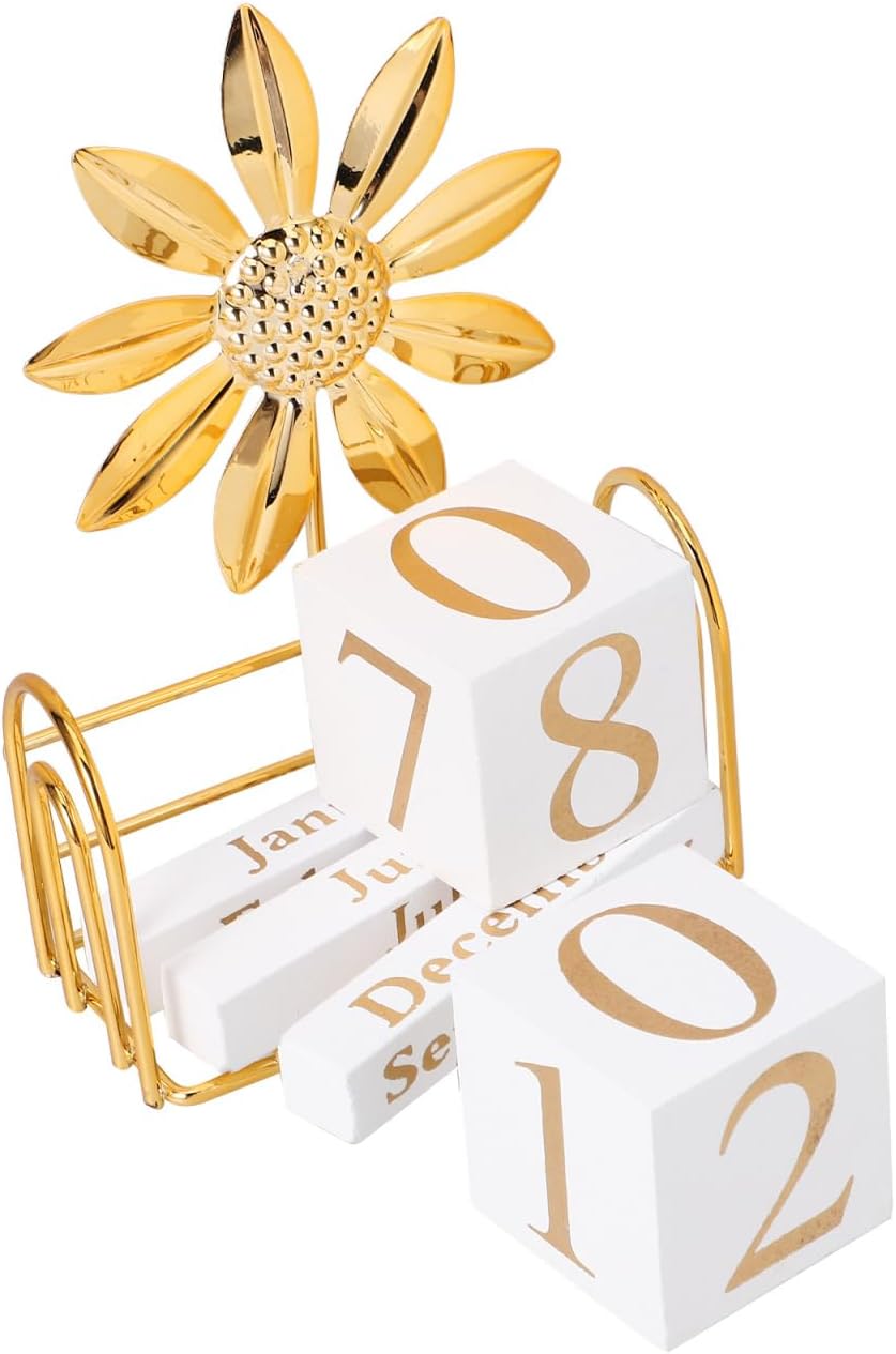 SUPVOX Sunflower Wooden Perpetual Calendar: Vintage Reusable Desk Block Calendar for Home Office Decor - Rustic Yearless Month Date Display Signs