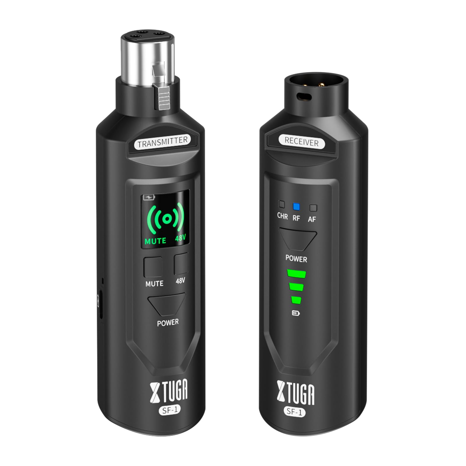 XTUGA Émetteur et récepteur XLR sans fil SF-1, émetteur-récepteur de microphone 2,4 G avec alimentation fantôme 48 V, adaptateur de micro rechargeable pour microphones dynamiques/condensateurs