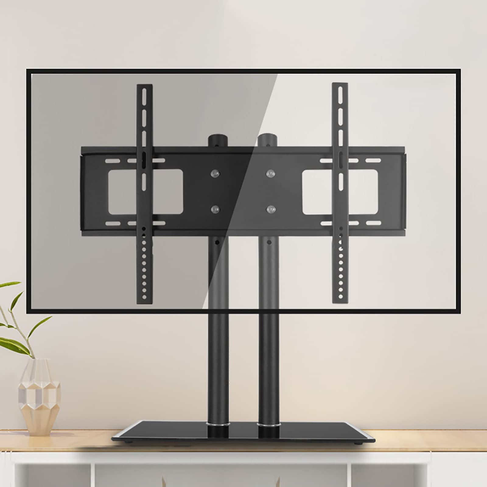 Soporte de mesa para TV, diseño de placa más gruesa con base de vidrio templado, se adapta a televisores de 40 a 70 pulgadas, deflector lateral antiliberación para mayor estabilidad