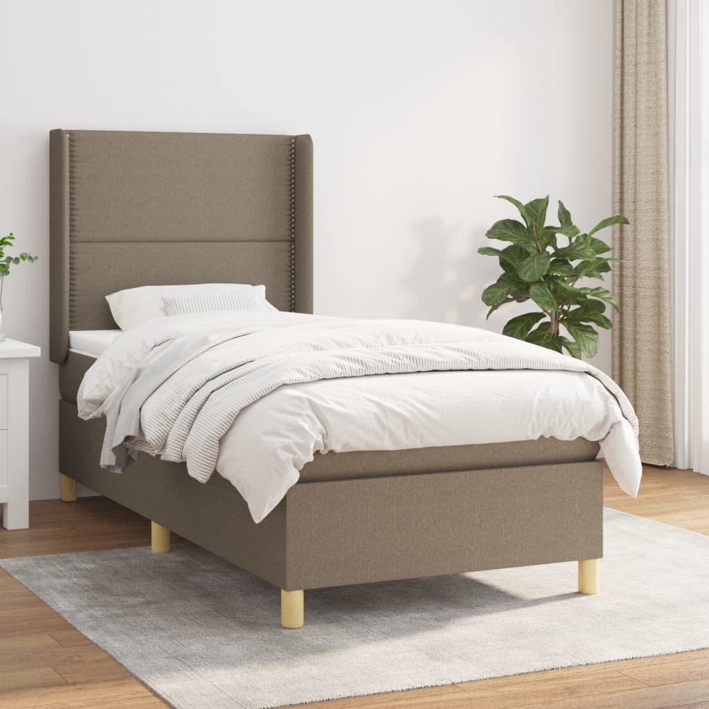 Z regulowanym zagłówkiem tkanina sprężynowa 90x200 cm taupe | Łóżko kontynentalne 90x200 z materacem sprężynowym, tapicerowane, taupe, z regulowanym zagłówkiem, średnio twarde, do