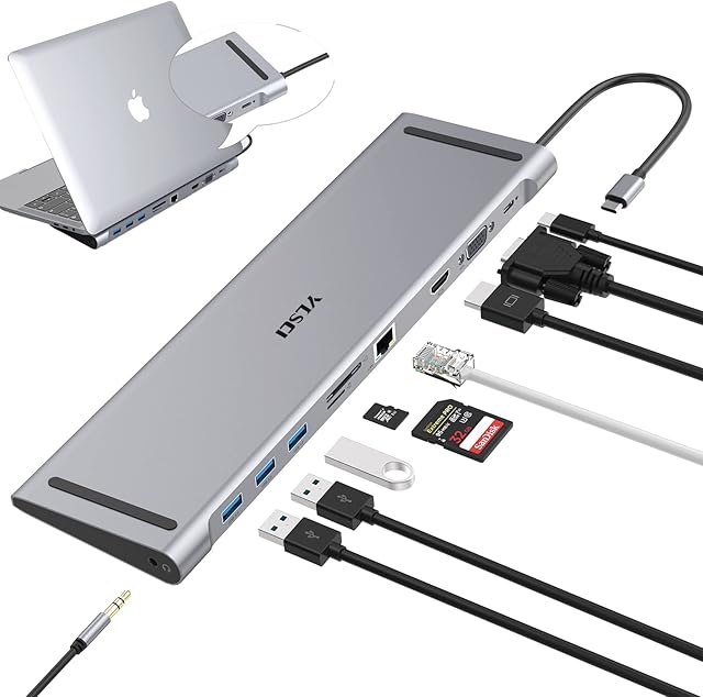 YLSCI 10 in 1 Laptop Docking Station, USB C Docking Station With 4K-HDMI, VGA, USB 3.0 Ports, USB-C, Gigabit Ethernet RJ45, SD/TF Card Reader, Audio for Macbook Air/Macbook Pro/Surface Pro