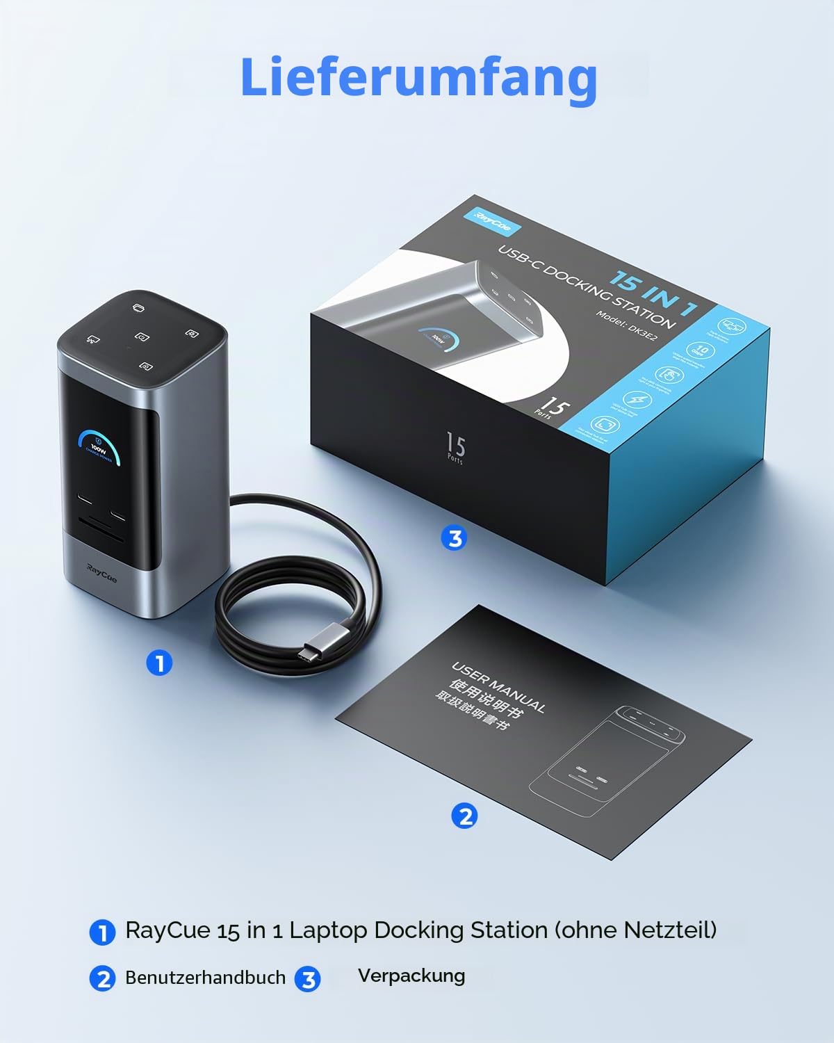 RayCue 15-in-1-Laptop-Dockingstation für 3 Monitore, dreifaches 8K-Display mit 3 HDMI-Anschlüssen, 6 USB-Anschlüssen, 5 Schnellzugriffstasten, Gigabit-Ethernet, PD3.0, Smart Display für Windows/Dell